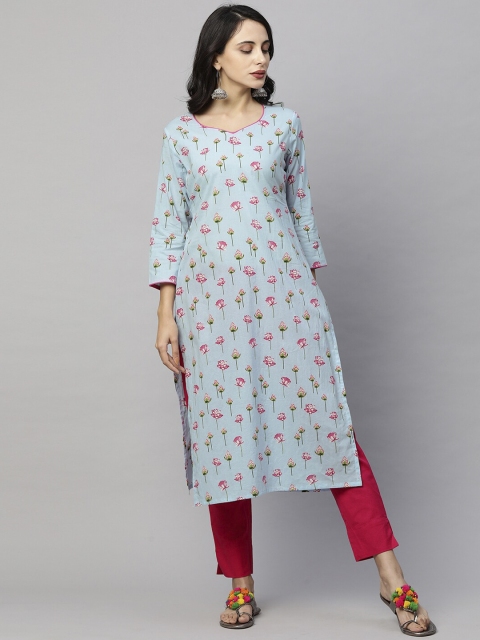 

FASHOR Women Blue & Pink Floral Printed Kurta