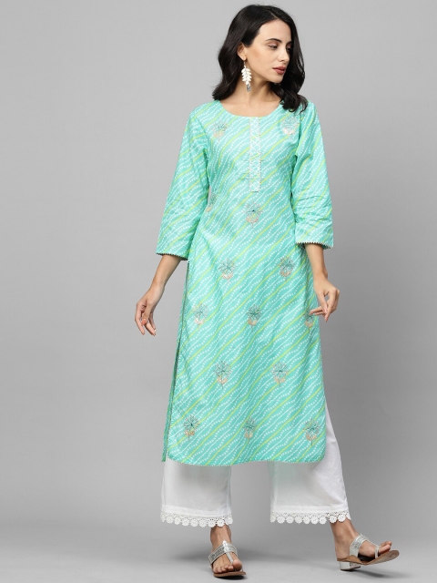 

FASHOR Women Green Floral Printed Kurta with 2-Ply Mask