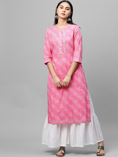 

FASHOR Women Pink & White Paisley Bandhani Printed Keyhole Neck Pure Cotton Kurta