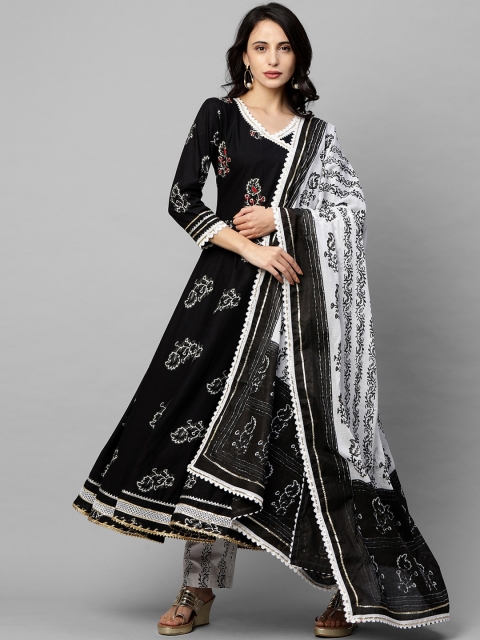 

FASHOR Women Black Floral Embroidered Angrakha Sequinned Pure Cotton Kurta with Trousers & With Dupatta