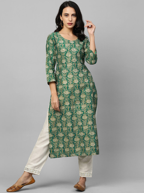 

FASHOR Women Green & Gold Ethnic Motifs Printed Kurta