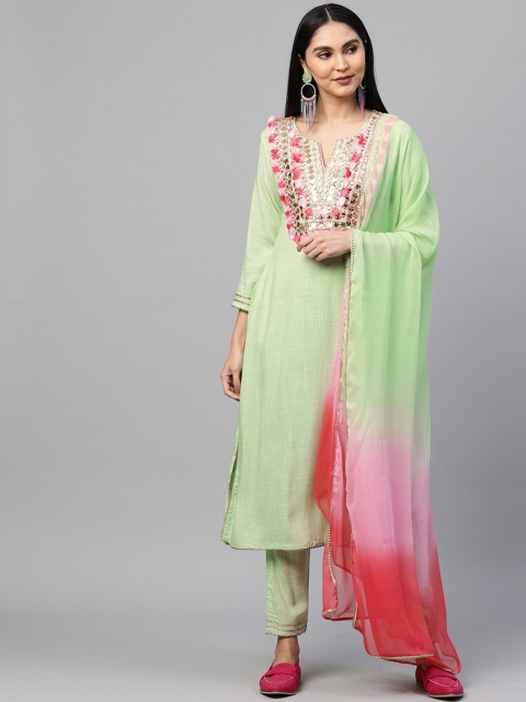

FASHOR Women Green Yoke Design Panelled Gotta Patti Kurti with Trousers & With Dupatta