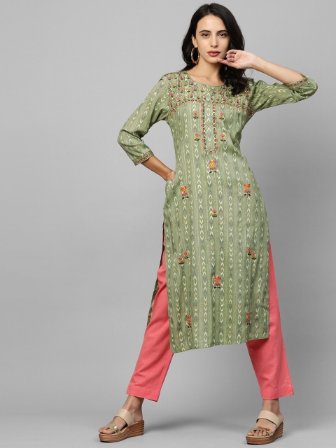 

FASHOR Women Green & White Printed Thread Work Kurta
