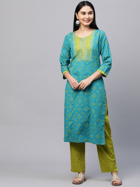 

FASHOR Women Turquoise Blue & Yellow Printed Kurta