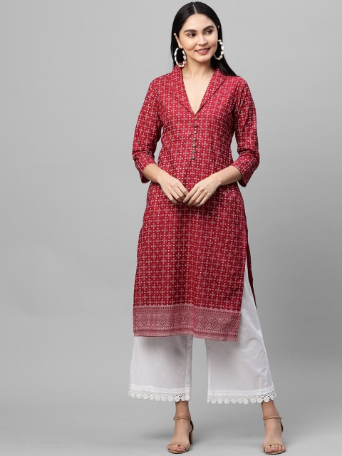

FASHOR Women Red Ethnic Motifs Printed Thread Work Kurta