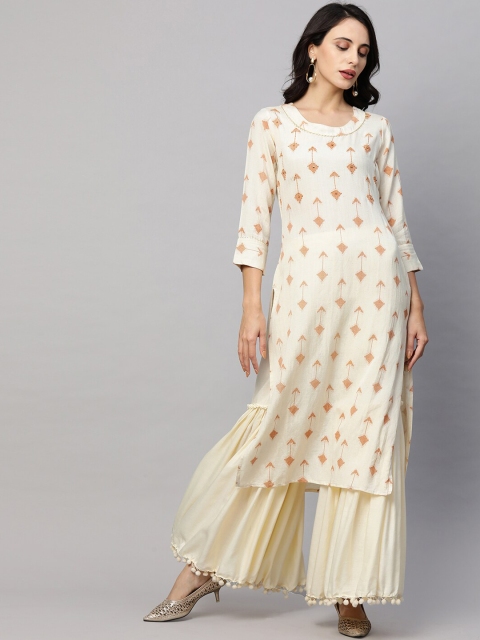 

FASHOR Women Off White & Brown Geometric Thread Work Kurta
