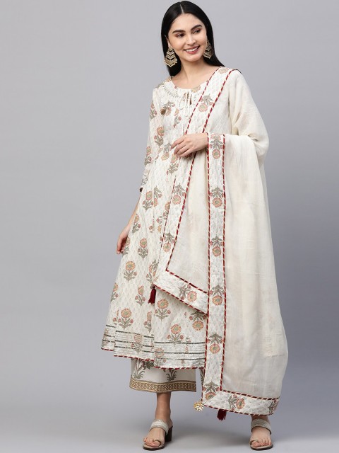 

FASHOR Women Off White Printed Pure Cotton Kurta with Palazzos & With Dupatta
