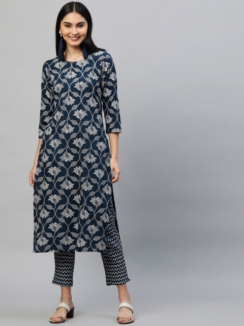 

FASHOR Women Navy Blue Printed Regular Kantha Work Kurta with Trousers