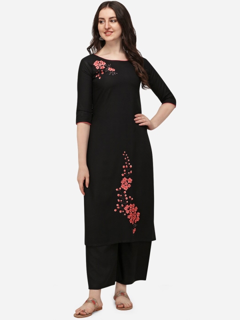 

Florence Women Black Floral Embroidered High Slit Kurta with Trousers