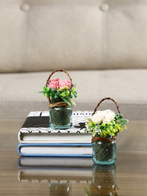 

HomeTown Set Of 2 Artificial Flower Bunch With Glass Jar, Pink
