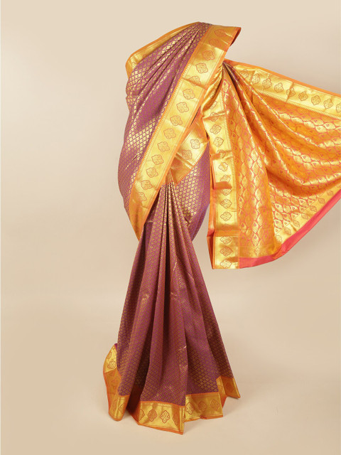

Pothys Purple & Gold-Toned Ethnic Motifs Zari Pure Silk Kanjeevaram Saree