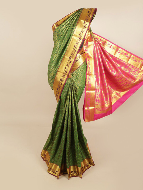 

Pothys Green & Gold-Toned Ethnic Motifs Zari Pure Silk Kanjeevaram Saree