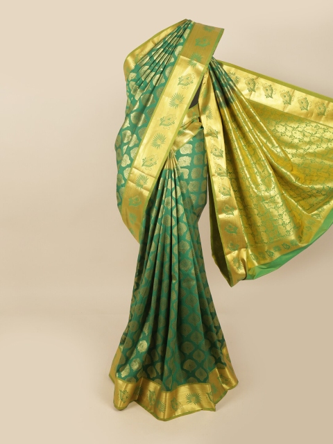 

Pothys Green & Gold-Toned Ethnic Motifs Zari Pure Silk Kanjeevaram Saree