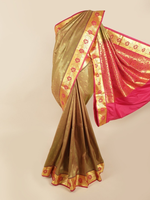 

Pothys Gold-Toned & Pink Ethnic Motifs Pure Silk Kanjeevaram Saree