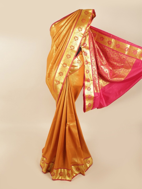 

Pothys Mustard & Pink Ethnic Motifs Pure Silk Kanjeevaram Saree
