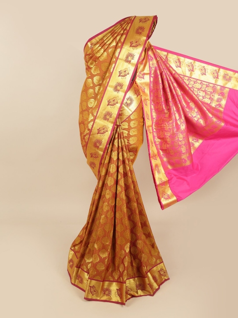 

Pothys Rust & Pink Ethnic Motifs Zari Pure Silk Kanjeevaram Saree