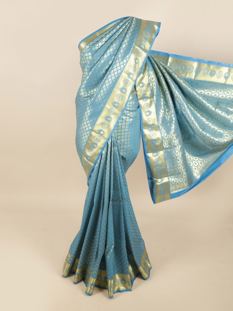 

Pothys Blue & Gold-Toned Ethnic Motifs Kanjeevaram Pure Silk Saree