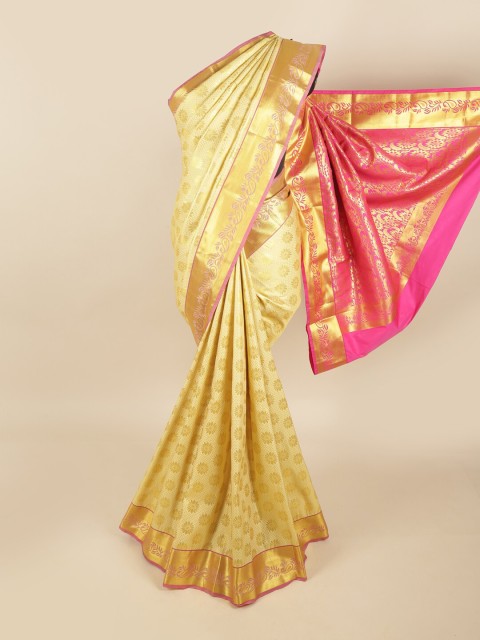 

Pothys Cream-Coloured & Gold-Toned Floral Zari Pure Silk Kanjeevaram Saree