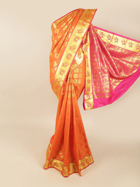 

Pothys Orange & Fuchsia Ethnic Motifs Pure Silk Kanjeevaram Saree