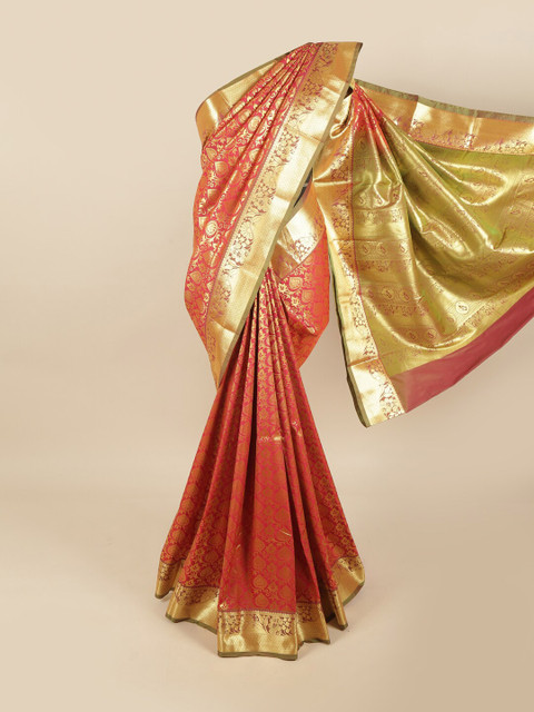 

Pothys Red & Gold-Coloured Ethnic Motifs Zari Pure Silk Kanjeevaram Saree