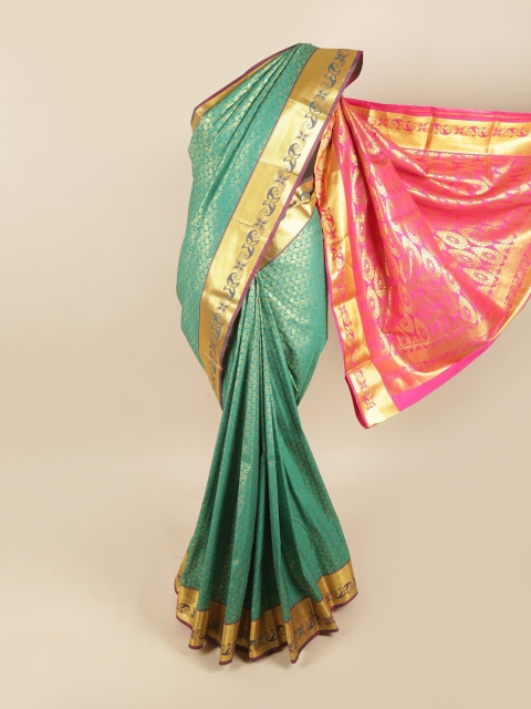 

Pothys Green & Fuchsia Ethnic Motifs Pure Silk Kanjeevaram Saree