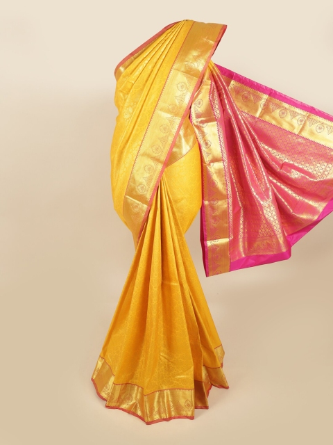 

Pothys Yellow & Pink Floral Zari Pure Silk Kanjeevaram Saree