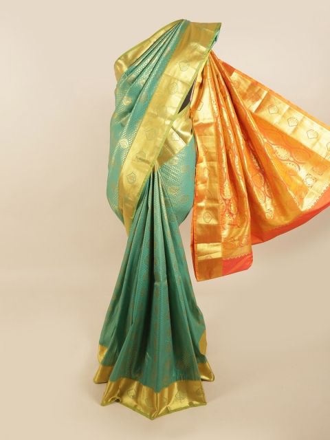 

Pothys Green & Orange Ethnic Motifs Zari Pure Silk Kanjeevaram Saree