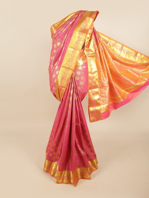 

Pothys Pink & Gold-Toned Floral Kanjeevaram Pure Silk Saree