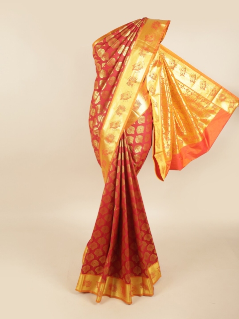 

Pothys Red & Gold-Coloured Ethnic Motifs Zari Pure Silk Kanjeevaram Saree