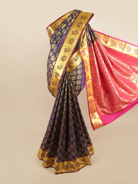 

Pothys Blue & Gold-Toned Ethnic Motifs Zari Pure Silk Kanjeevaram Saree