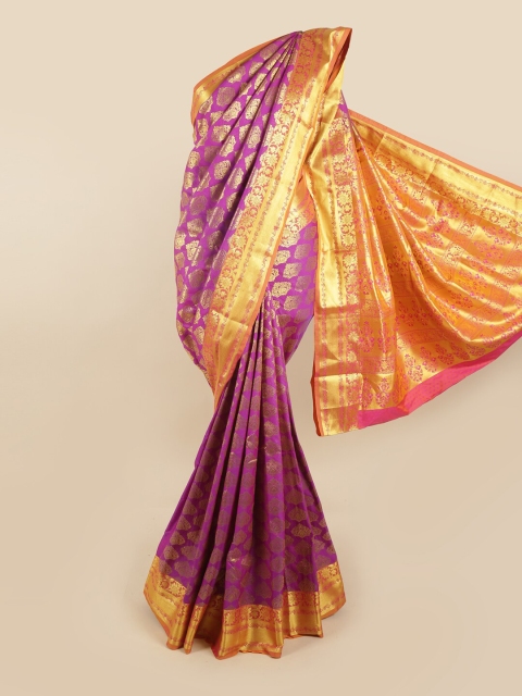 

Pothys Violet & Yellow Ethnic Motifs Zari Kanjeevaram Pure Silk Saree