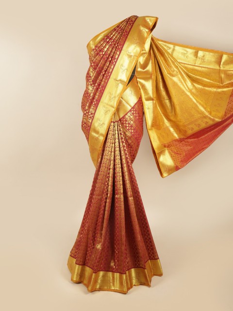 

Pothys Maroon & Gold-Toned Woven Design Zari Pure Silk Kanjeevaram Saree