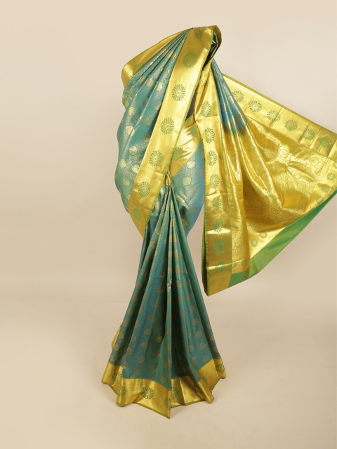 

Pothys Turquoise Blue & Gold-Toned Woven Design Zari Pure Silk Kanjeevaram Saree