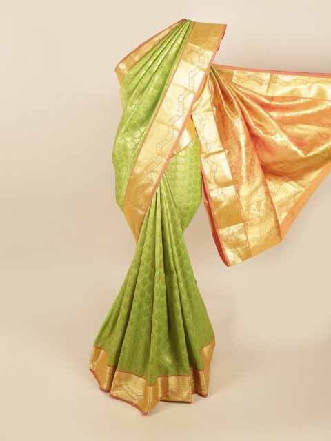 

Pothys Green & Orange Ethnic Motifs Zari Pure Silk Kanjeevaram Saree