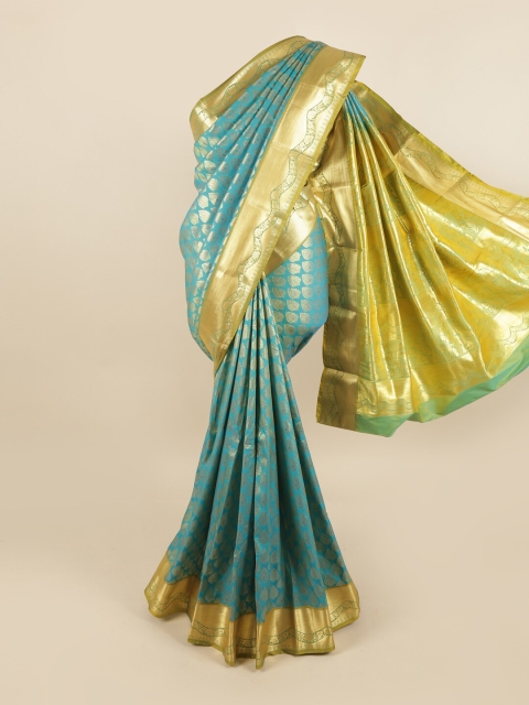 

Pothys Turquoise Blue & Olive Green Woven Design Zari Kanjeevaram Pure Silk Saree