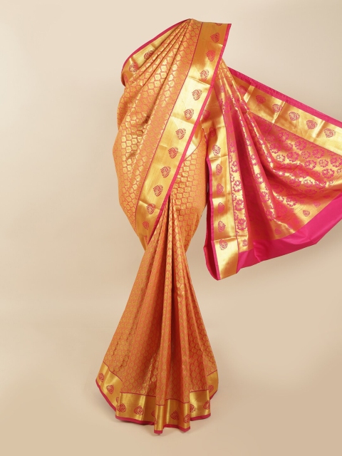 

Pothys Peach-Coloured & Gold-Toned Ethnic Motifs Zari Pure Silk Kanjeevaram Saree