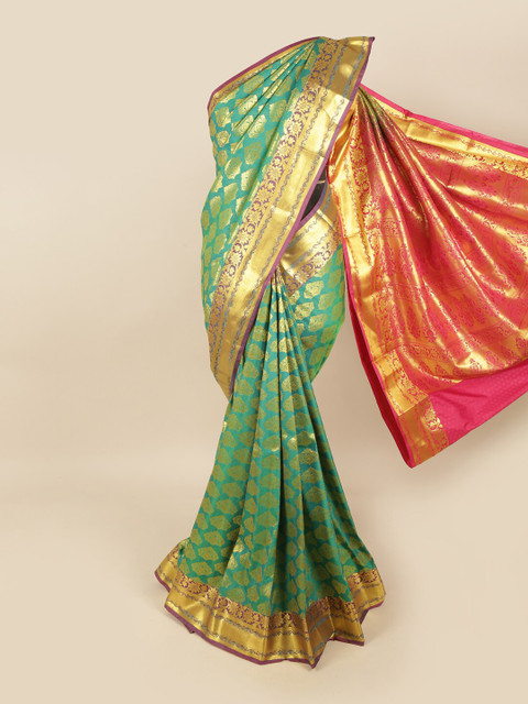 

Pothys Green & Pink Ethnic Motifs Zari Kanjeevaram Pure Silk Saree