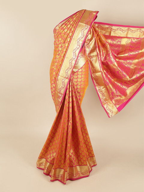 

Pothys Pink & Orange Ethnic Motifs Zari Kanjeevaram Pure Silk Saree