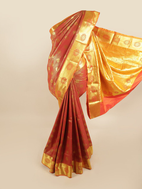 

Pothys Red & Gold-Toned Woven Design Zari Pure Silk Kanjeevaram Saree