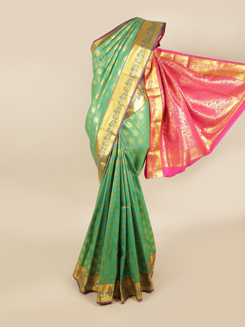 

Pothys Green & Gold-Toned Floral Zari Pure Silk Kanjeevaram Saree