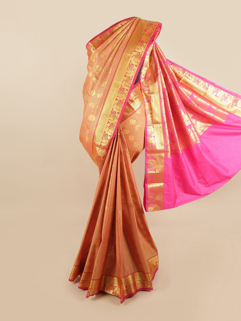 

Pothys Peach-Coloured & Pink Ethnic Motifs Zari Pure Silk Kanjeevaram Saree