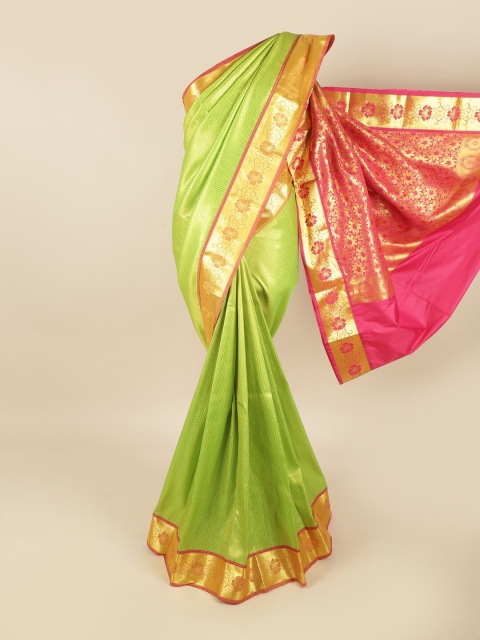 

Pothys Green & Gold-Toned Floral Zari Pure Silk Kanjeevaram Saree