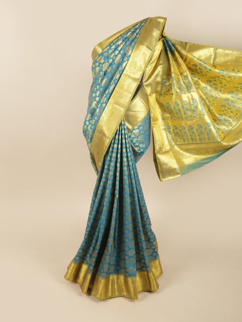 

Pothys Turquoise Blue & Gold-Toned Woven Design Zari Pure Silk Kanjeevaram Saree