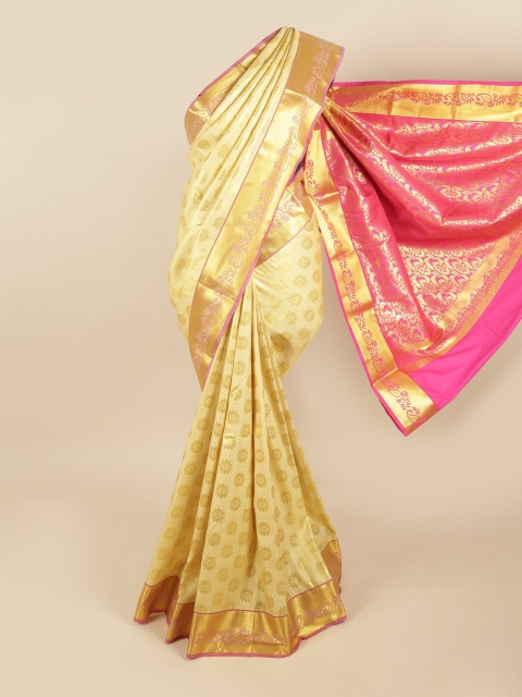 

Pothys Cream-Coloured & Pink Ethnic Motifs Zari Pure Silk Kanjeevaram Saree