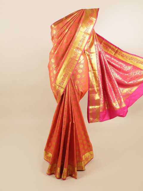 

Pothys Orange & Gold-Toned Ethnic Motifs Zari Pure Silk Kanjeevaram Saree