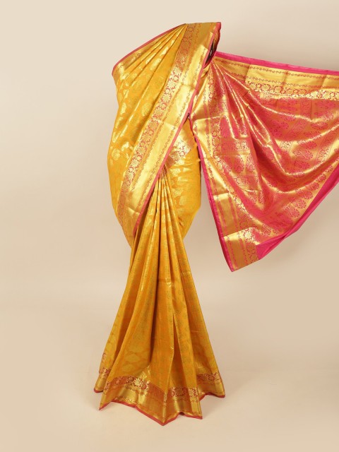 

Pothys Yellow & Red Ethnic Motifs Zari Pure Silk Kanjeevaram Saree