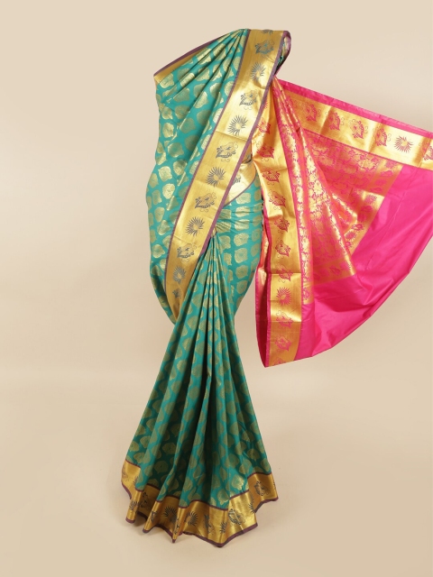 

Pothys Green & Gold-Toned Ethnic Motifs Zari Pure Silk Kanjeevaram Saree