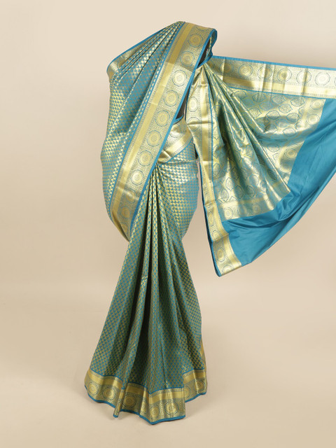 

Pothys Blue & Gold-Toned Woven Design Pure Silk Kanjeevaram Saree