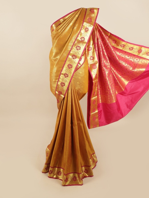 

Pothys Mustard & Pink Woven Design Pure Silk Kanjeevaram Saree