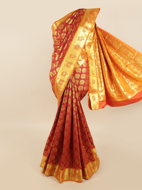 

Pothys Red & Gold-Coloured Ethnic Motifs Zari Pure Silk Kanjeevaram Saree